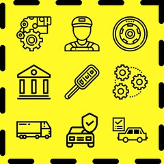 Simple 9 icon set of business related gears, car repair check list, truck and insurance vector icons. Collection Illustration