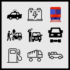 Simple 9 icon set of car related car, train, truck and security car vector icons. Collection Illustration