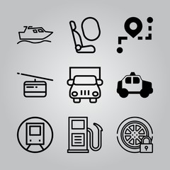 Simple 9 icon set of transport related tyre, train, truck and cable car vector icons. Collection Illustration
