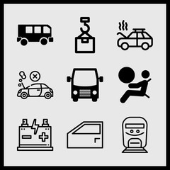 Simple 9 icon set of car related airbag, car breakdown, train and shipping vector icons. Collection Illustration