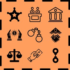 Simple 9 icon set of legal related loan, parking ticket, sheriff and courthouse vector icons. Collection Illustration