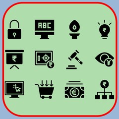 Simple 12 icon set of business related rupee, safebox, padlock and auction vector icons. Collection Illustration