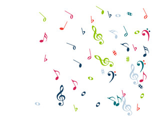 Music Notes Confetti Falling Chaos Vector. Music Symbols Texture Poster Background Elements. Party Night, Festival, Celebration or Concert, Melody Notes Trail. Decorative Song Sheets Chaos Effect.