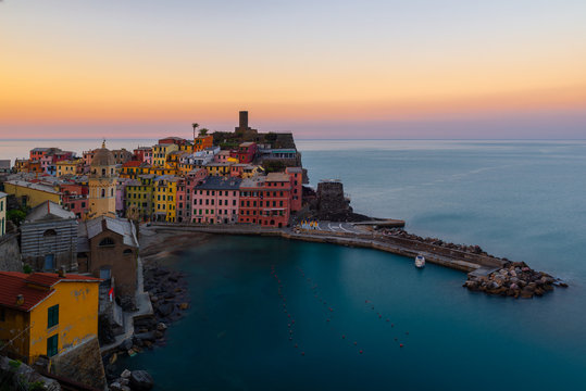 Vernazza at sunrise, one of colorful villages of Cinque Terre, Italy