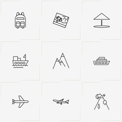 Travel line icon set with mountains , parasol  and ship - 213143176