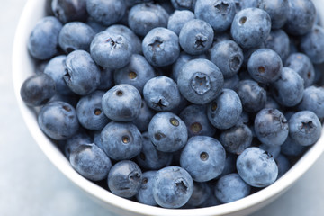 A close up view of a bowl of freshly picked blueberries