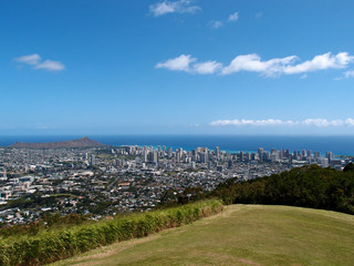 Park in the mountains with view of Diamondhead and the city of Honolulu on Oahu on a nice day