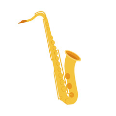 Fototapeta na wymiar Saxophone on white background. Classical wind musical instrument. Cute flat cartoon style. Saxophone icon. Vector illustration