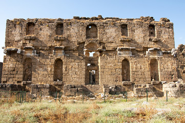 Old ruins around of Aspendos antique city in Antalya, Turkey