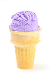 Single Scoop Purple Ice Cream Cone on a White Background