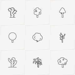 Obraz premium Trees line icon set with cherry tree , palm tree and pear tree