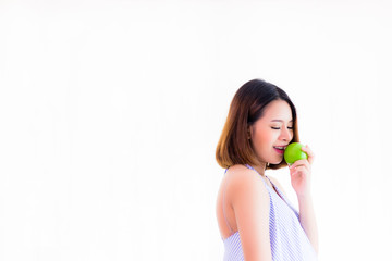 Portrait attractive beautiful woman: Charming girl eats apple. Pretty female loves to eat healthy food, makes her get strong health. Gorgeous girl looks sexy and relaxed, isolated and white background