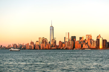 New York city skyline view from the boat to Ellis Island
