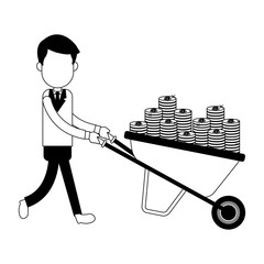 Businessman pushing wheelbarrow with money cartoon vector illustration graphic design