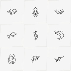 Undersea World line icon set with sea horse , whale  and swordfish - 213150990