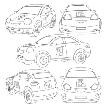 Beautiful coloring book for children with a set of cars, vehicles on a white background.