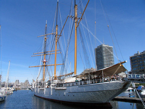 Tall masted sailing ship in the harbour, Ostend, West Flanders, Belgium