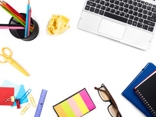 Minimal and Modern white desk and table office with laptop, notebook, glasses and other supplies, Top view with space for copy paste your  text, Concept Minimal and Modern background