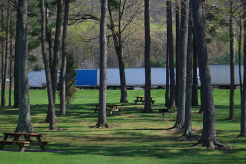 Interstate Rest Area - Trucks parked just off the interstate highway in rural Pennsylvania.