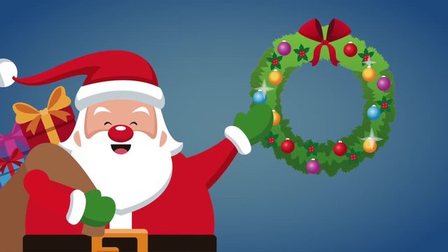 Cute santa claus with gift bag and christmas wreath High definition animation colorful scenes