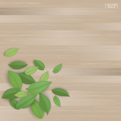 Abstract green leaves on brown wood texture background. Vector.