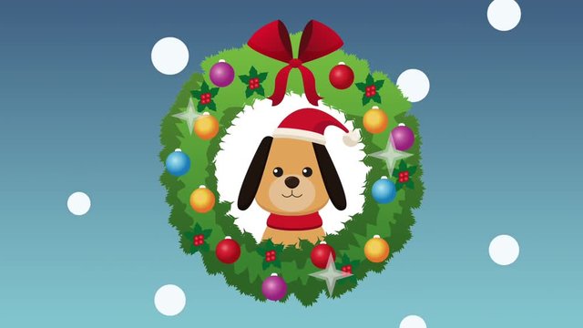 Cute dog with santa hat inside christmas wreath High definition animation colorful scenes