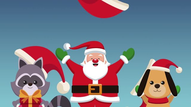 Cute santa claus with dog and raccon over santa hats falling background High definition animation colorful scenes