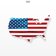 Map of the USA with american flag pattern. Outline of 