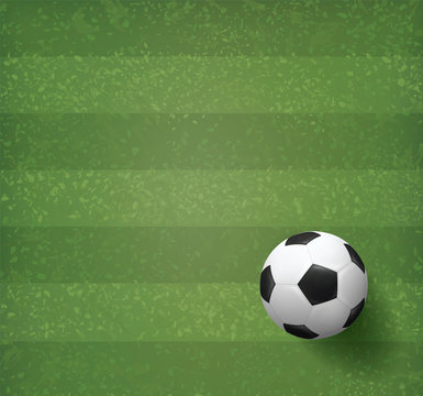 Soccer football ball on green grass field pattern and texture background. Vector.