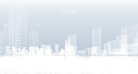 Abstract wireframe city background. Perspective 3D render of building wireframe. Vector.