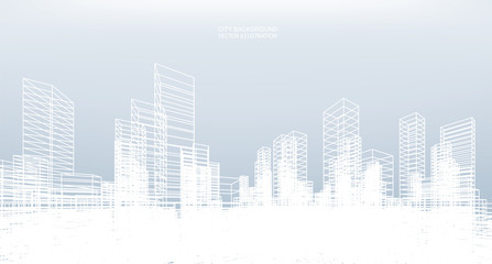 Abstract wireframe city background. Perspective 3D render of building wireframe. Vector.