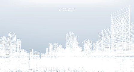 Fototapeta premium Streszczenie tło modelu szkieletowym miasta. Perspektywy renderowania 3D konstrukcji szkieletowej. Wektor.