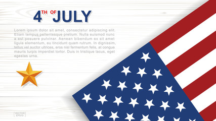 4th of July - Background for USA(United States of America) Independence Day with white wood pattern and texture and American flag. Background with area for copy space and text. Vector.