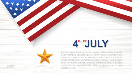 Fototapeta na wymiar 4th of July - Background for USA(United States of America) Independence Day with white wood pattern and texture and American flag. Background with area for copy space and text. Vector.