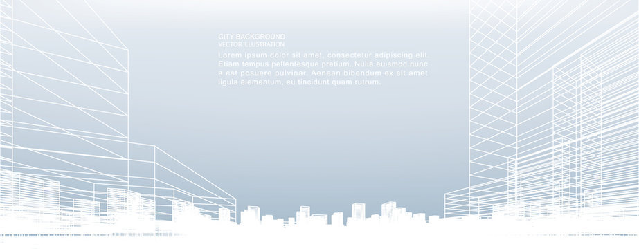 Abstract wireframe city background. Perspective 3D render of building wireframe. Vector.