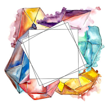 Colorful diamond rock jewelry mineral. Frame border ornament square. Geometric quartz polygon crystal stone mosaic shape amethyst gem.