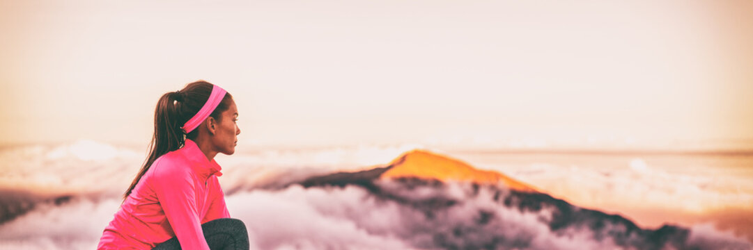 Sport Fitness Active Lifestyle Fit Young Woman Climber On Top Of Mountain Peak Pensive Relaxing After Hike Looking At Landscape View. Athlete Outdoor At Dusk. Panoramic Banner.