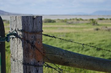 A wooden barb wire fence post in the dry wetland area of the great salt lake. 