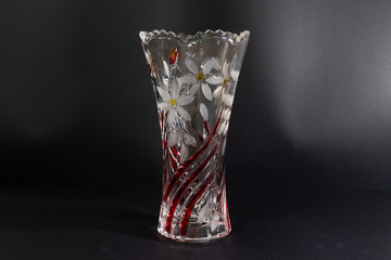 Beautiful Red & White Crystal Glass Transparent Flower Vase in Black Background