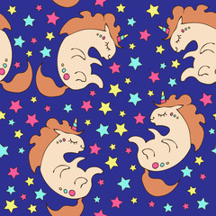 Magic cute sleeping unicorn with  rainbow stars. Seamless pattern.  Dream symbol.  Design for children.  T-shirt graphics. Illustration for fashion print, poster, textiles, cards.
