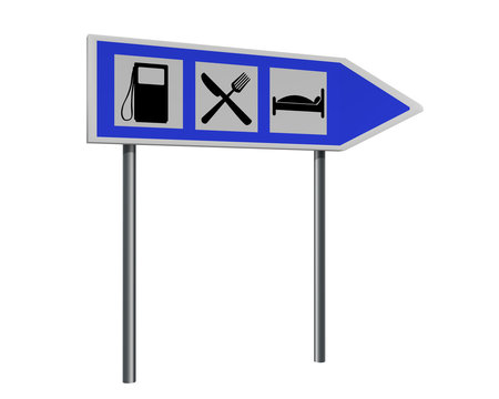 Autobahnschild mit Hinweisen für Tankstelle, Gasthaus und Hotel. 3d render