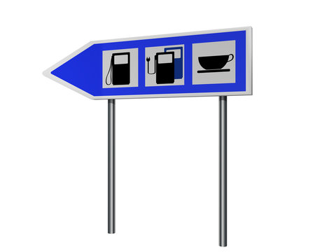 Autobahnschild mit Hinweisen für Tankstelle, Ladestation für Elektrofahrzeuge und cafe. 3d render