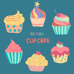 doodle hand drawn rainbow cute cup cake