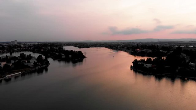 Lake sunset drone shot