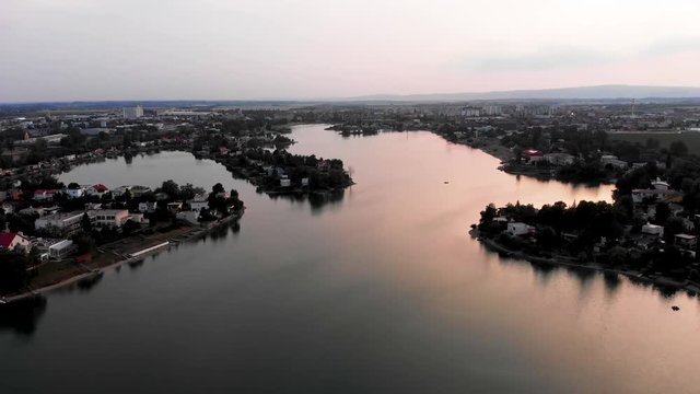 Lake sunset drone shot
