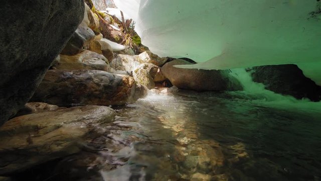 ice melting in the spring and turing into the stream or river closeup