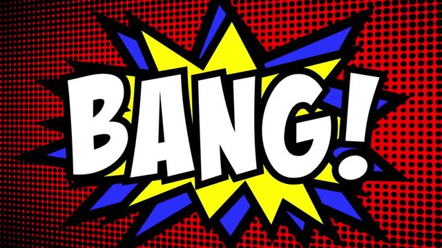 A comic strip cartoon animation, with the word Bang appearing. Green and halftone background, star shape effect.

