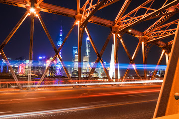 Fototapeta na wymiar Shanghai Skyline - from Waibaidu bridge - red bridge - Oriental Pearl TV tower