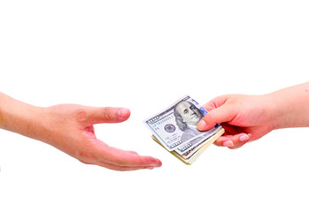 Hand receiving money, US dollars isolated on white background concept 
