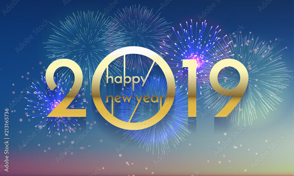 Poster happy new year of glitter gold fireworks. vector golden glittering text and 2019 numbers with sparkl
